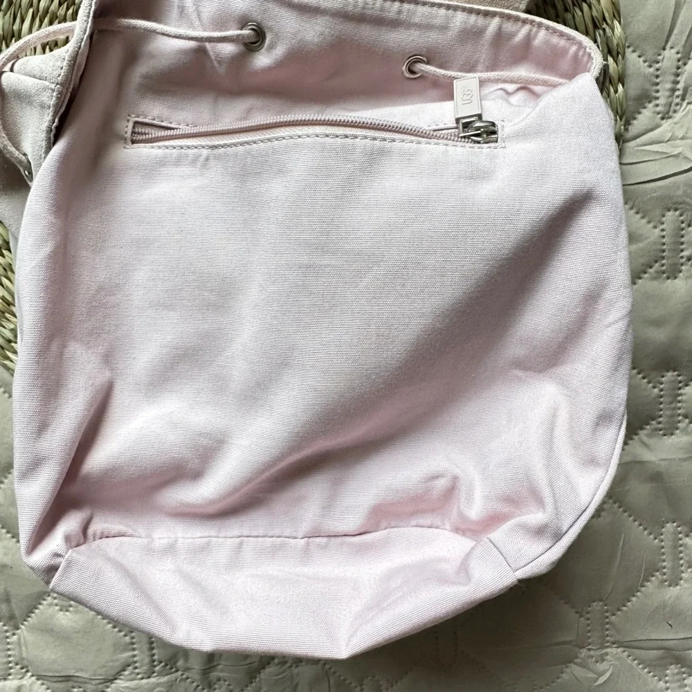 UGG Australia Mini Backpack Pink Suede Shearling Fur Trim Drawstring Bag Small